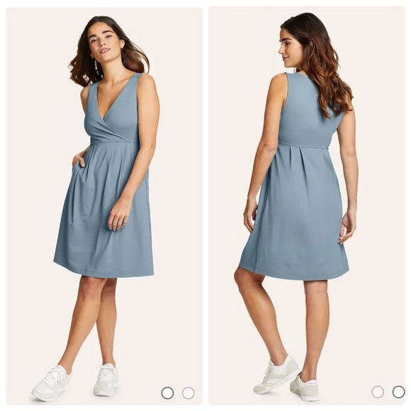 Eddie Bauer Women’s Aster Sleeveless Crossover Dress TM Tall Med Blue Chambray - Picture 1 of 10